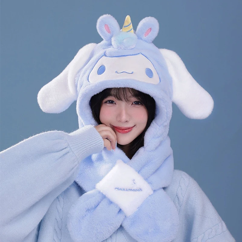 

Miniso Cinnamoroll Winter Teenage Boy Girl Cartoon Plush Hat Scarf 2-Piece Women 2-In-1 Cap Neckcover Young Man Mother-Girl Gift