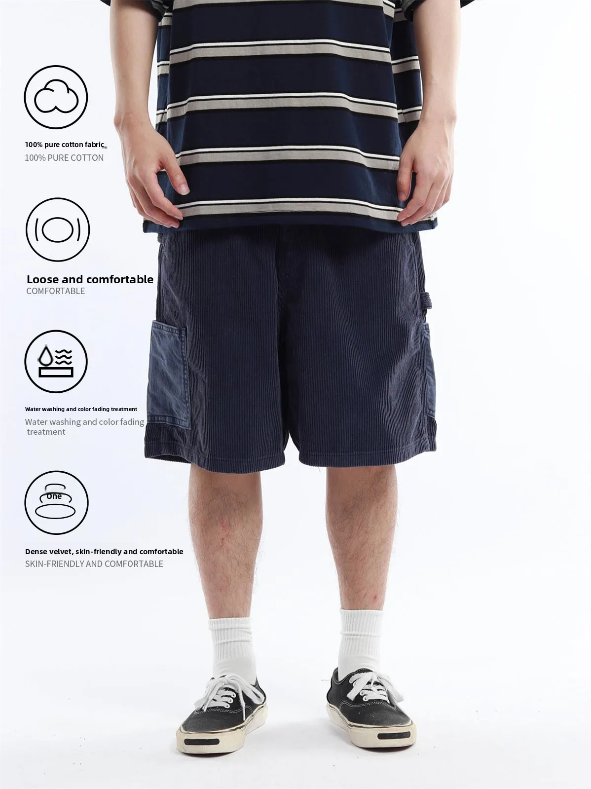 Retro Patchwork Men's Workwear Shorts Corduroy Five-Point Pants Summer New Fashion Brand Loose Fit mid Waist Cotton Jeans