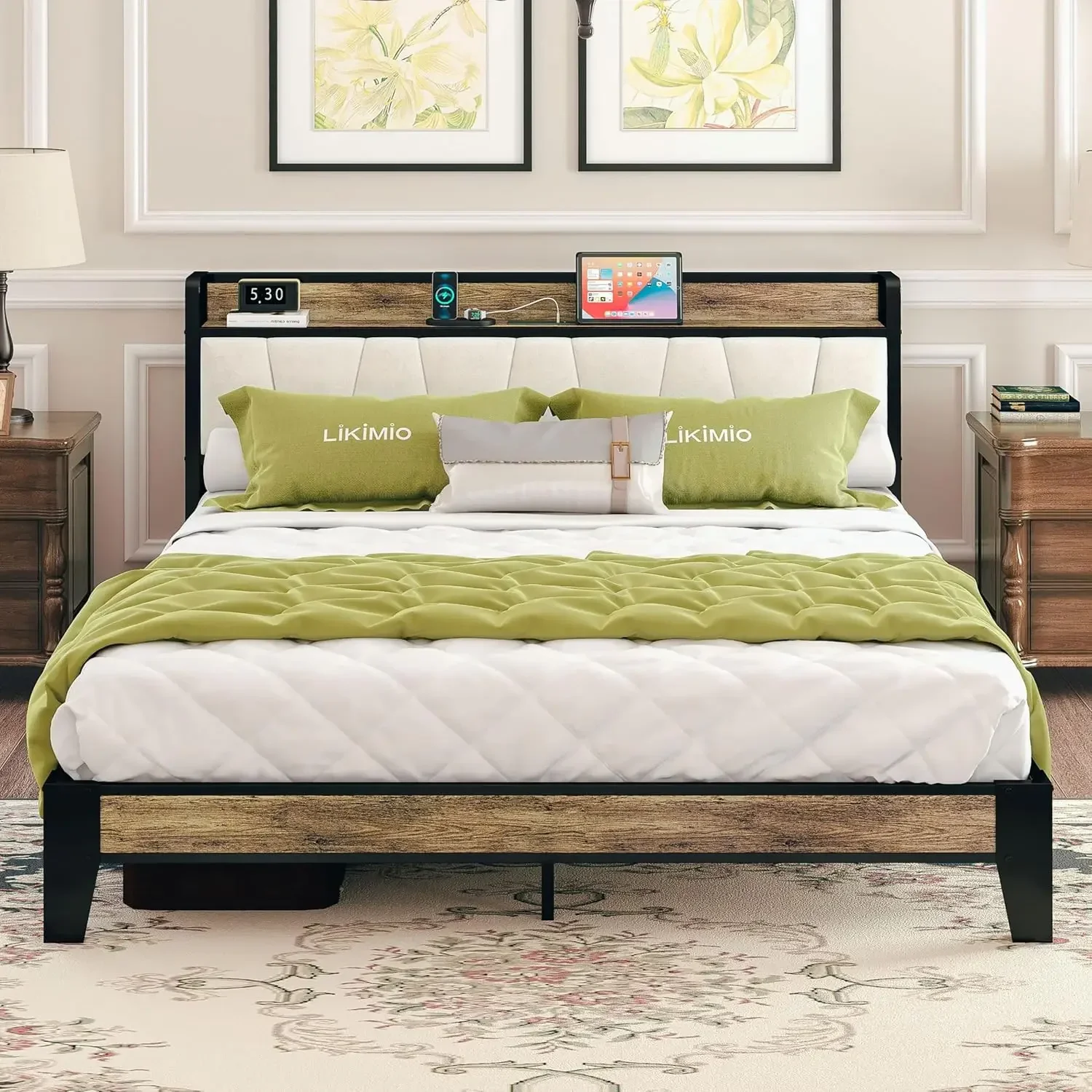 Full Size Bed Frame, Storage Headboard with Charging Station, Solid and Stable, Noise Free, No Box Spring Needed, Easy Assembly