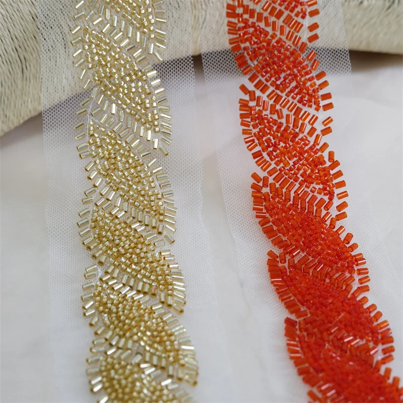 1 Yard Golden Heavy Beading Leaf Mesh Bridal Sash lace beads trim for Wedding Strap Gown Sash Costume Headband Embellishment