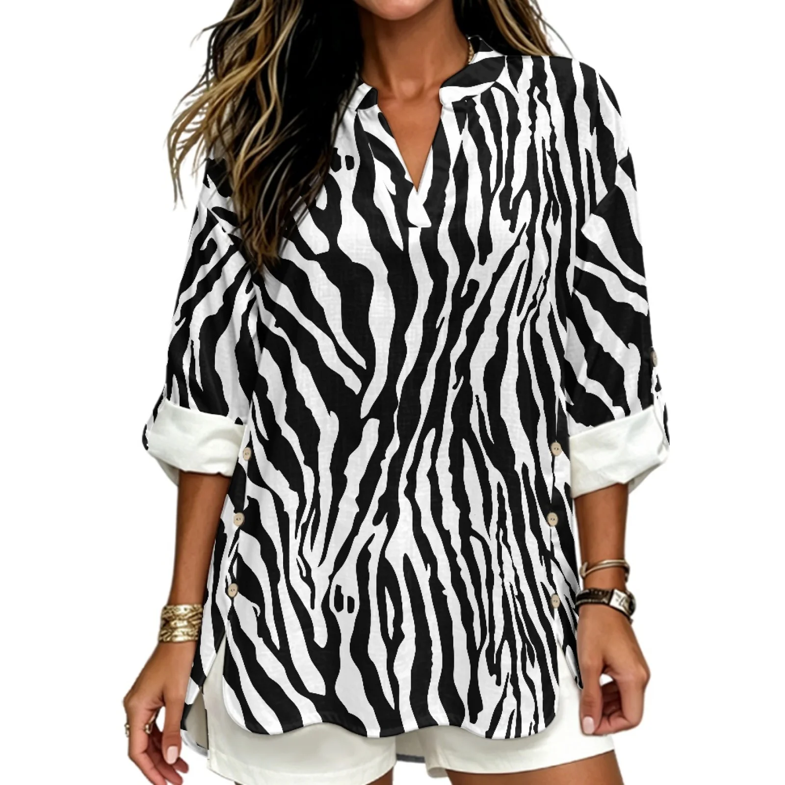 PENSTROLL Zebra Rolled Cuffed Blouse for Women Linen Like Notch V Neck Blouses Casual Loose Fit Blouses