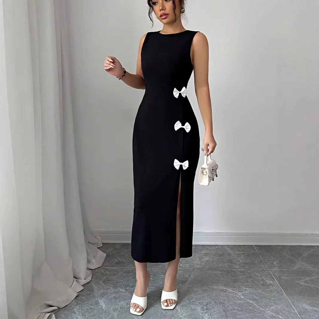 2025, Frühling und Sommer im europäischen und amerikanischen Stil, schmal geschnittenes Kleid, Schleifenweste-Kleid