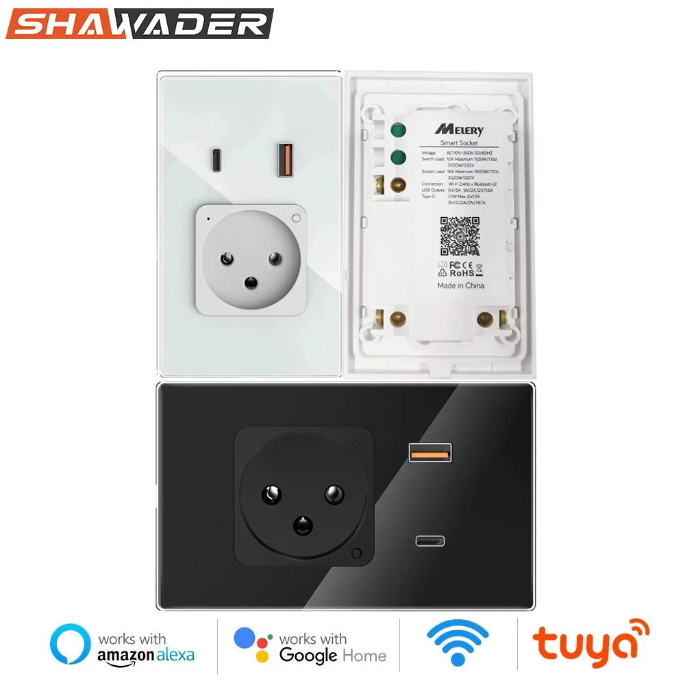 

Shawader Tuya Израиль Wi-Fi умная настенная розетка PD 30 Вт USB Type-C зарядная стеклянная сенсорная розетка с дистанционным управлением от Alexa Google Home