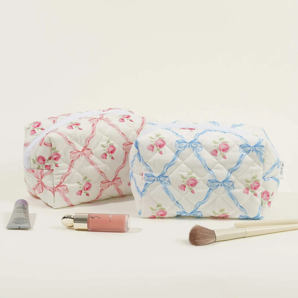 

Cute Bow Floral Travel Makeup Pouch Cotton Quilted Makeup Organizer Storage Bag Large Cosmetic Organizer Case for Women Girls