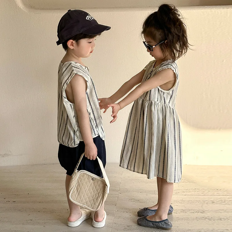 5081 Children's Clothes 2025 Summer New Brother Sister Clothes Stripe Boy's Suit Or Casual Baby Girl Dress