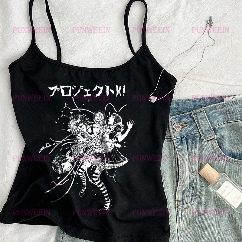 Japan Anime Subculture vibe vest Short Sleeve Slim crop top gothic Punk Vintage Aesthetic angle Girls Baby Tees Sexy Streetwear
