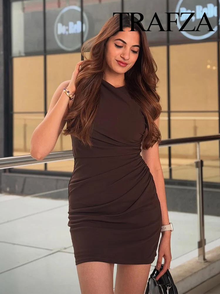 

HH Women Summer Fashion Crew Neck Pleated Sleeveless Y2K Mini Dress Female Sexy Zipper Slim High Street Casual 9-Color Dress
