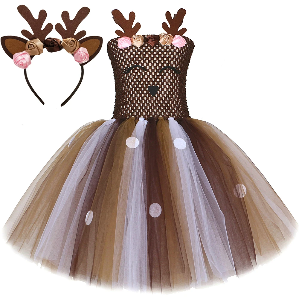 Christmas Deer Costumes for Baby Girls Flowers Reindeer Tutu Dress with Bow Kids Elf Xmas Party Outfit New Year Carnival Clothes