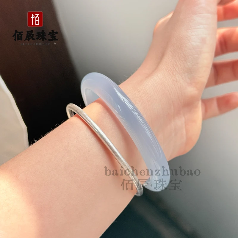 New Chinese-style high-transparency natural chalcedony haze blue bracelet, aquamarine sky blue agate jade bracelet, ice-type jew