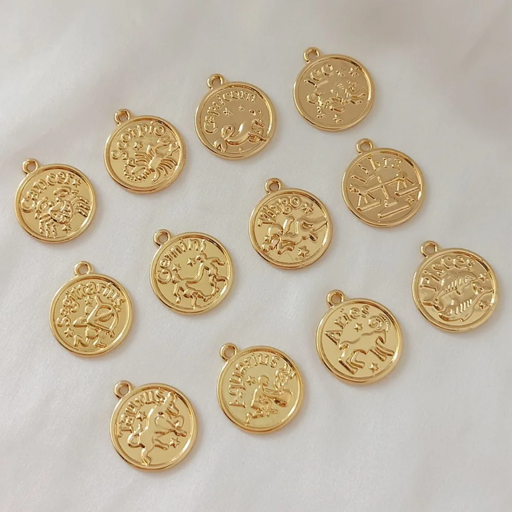 14K Color Preservation Zodiac Pendant 18mm Pendant, 12 Patterned Round Pendant, DIY Handmade Jewelry