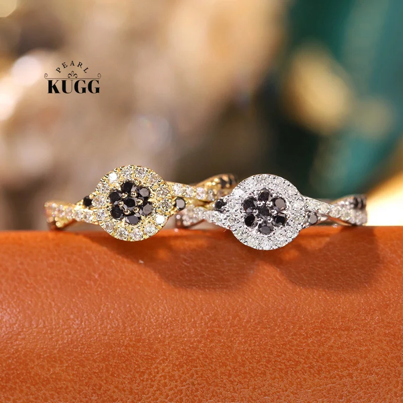 KUGG 100% 18K White or Yellow Gold Rings Luxury Elegant Design Real Natural Black Diamond Ring for Women High Engagement Jewelry