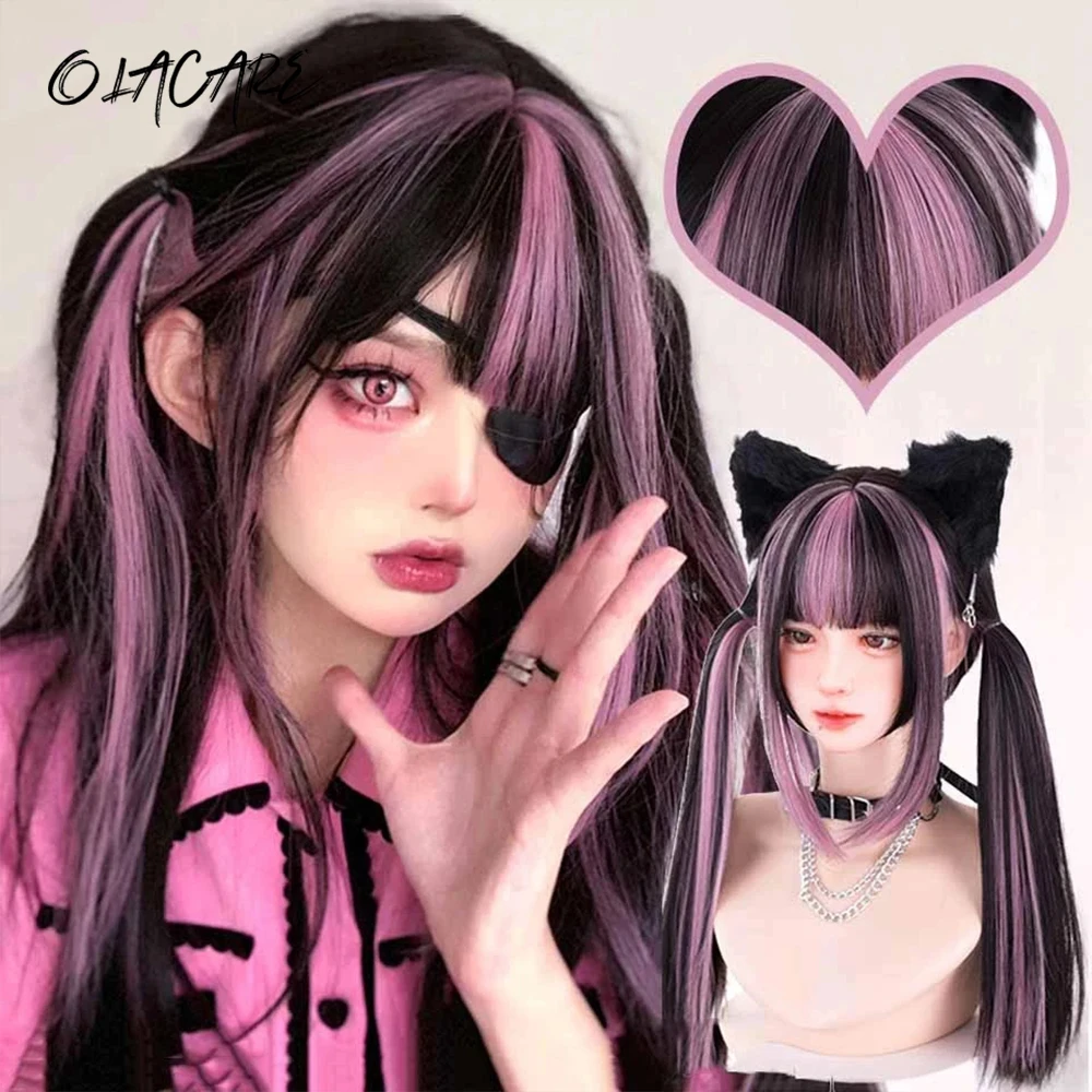 

Long Black Mixed With Red Synthetic Wig Cosplay Lolita Harajuku Wig With Bangs Natural Wavy Halloween Red Daily Wigs LIANGMO