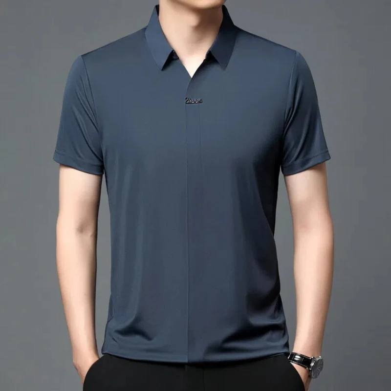 Smart Casual Summer Polo Shirts Men\'s Turn-down Collar Solid Color Thin Style Ice Silk Trend Versatile Slim Short Sleeve Tops