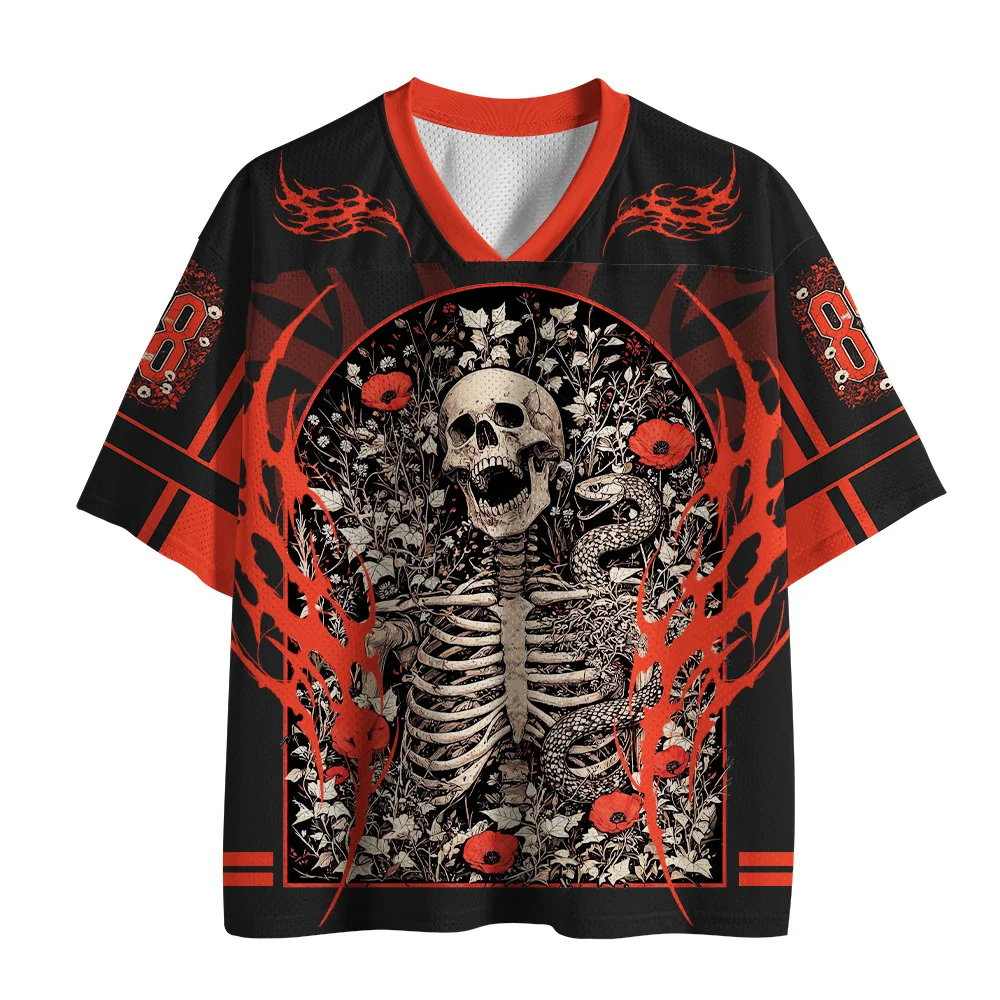 2026 Hotsale Dark Humor Gothic Mesh Jersey Bundle,4 Styles Funny Skeleton Graphic Unisex V-Neck Sports Tee, Halloween Streetwear