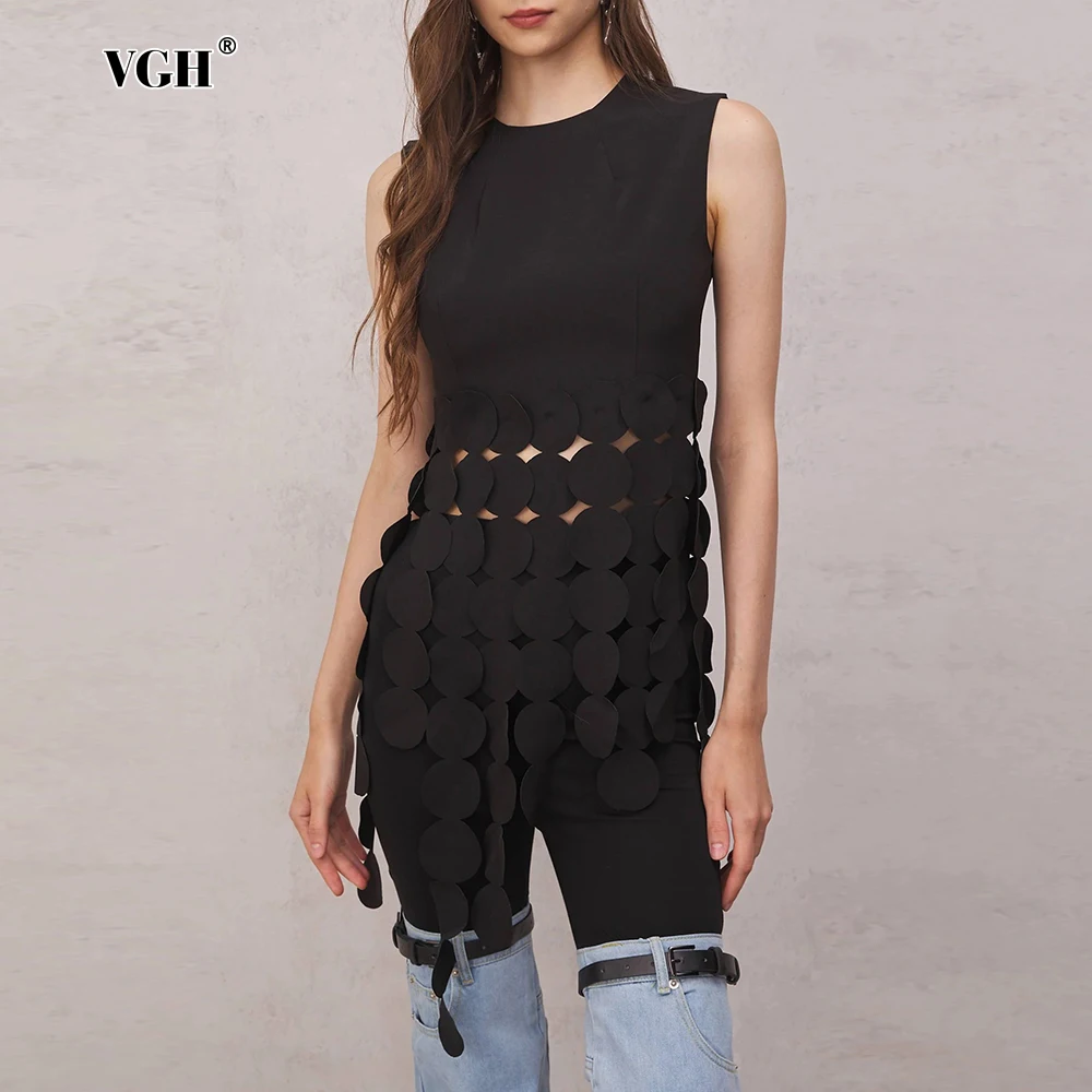 

VGH Casaul Spliced Tassel Solid Tank Tops For Women Round Neck Sleeveless Minimalist Slimming Long Vests Female Fashion Style