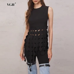 VGH Casaul Spliced Tassel Solid Tank Tops For Women Round Neck Sleeveless Minimalist Slimming Long Vests Female Fashion Style