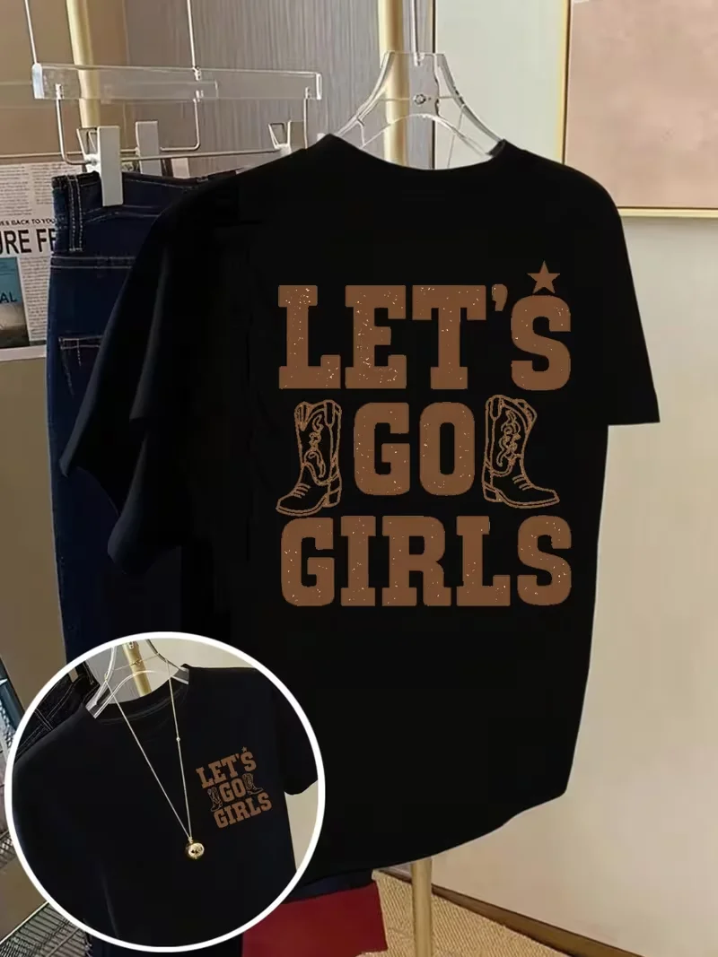 Western Cowgirl Women's T-Shirt Let's Go Slogan Short Sleeve Crew Neck Top White & Brown Cow Ranch Rodeo Events Women's Clothing