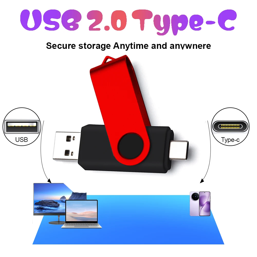 50 buah Flash Drive USB 2.0 Tipe C USB 2.0 baru OTG 360 ° RotablePen Drive 128GB 64GB 32GB 16GB 8GB USB Stick 2 in 1 Flashdisk Kecepatan Tinggi