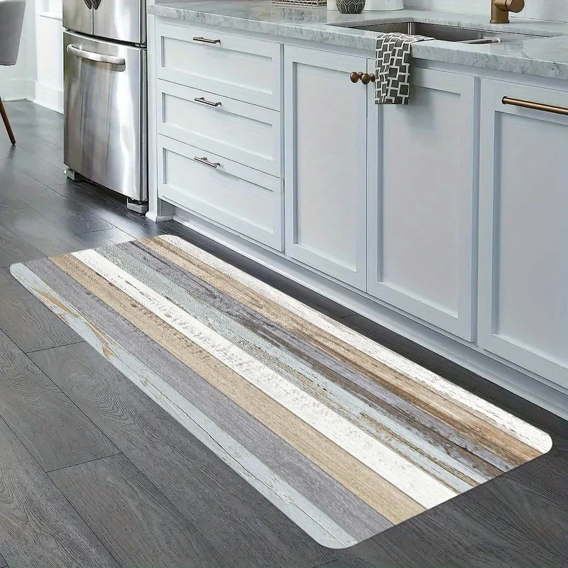 Modern Rustic Distressed Wood Stripe Print Long Runner Rug,Neutral Boho Farmhouse Pattern Non-Slip Washable Floor Mat for