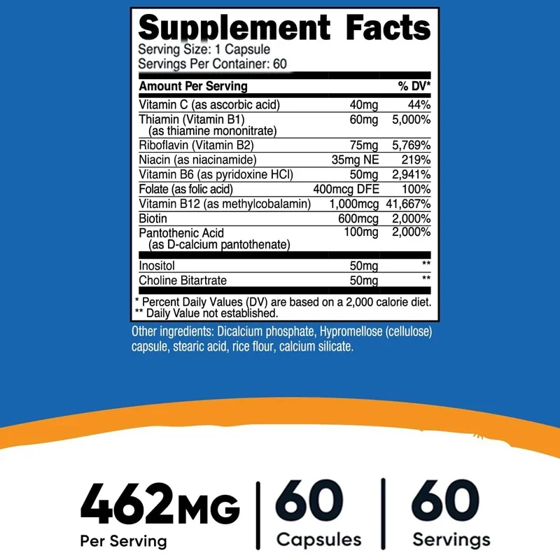 Efficient Vitamin B Complex 415mg, 60 Capsules - Natural Energy Complex Containing Vitamin C