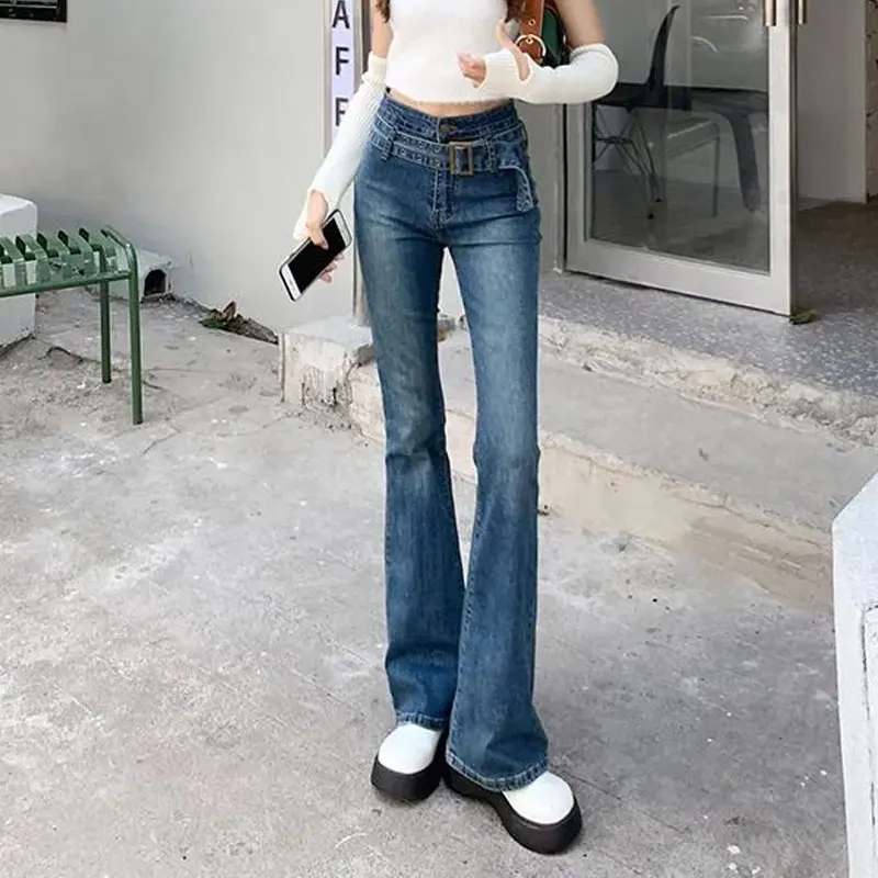 Female Clothing High Waist Bootcut Jeans Fashion Detachable Belt Denim Pants Retro Button Casual Slim American Hotsweet Trousers