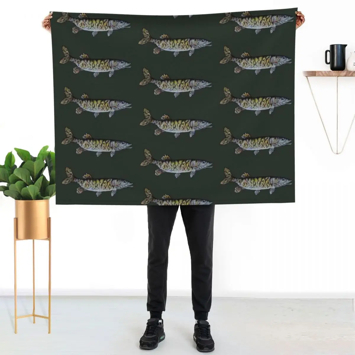 Musky Fish Drawing Dark Green Throw Blanket Beach Multi-Purpose Furry Plaid on the sofa Soft Plush Plaid Softest Blankets