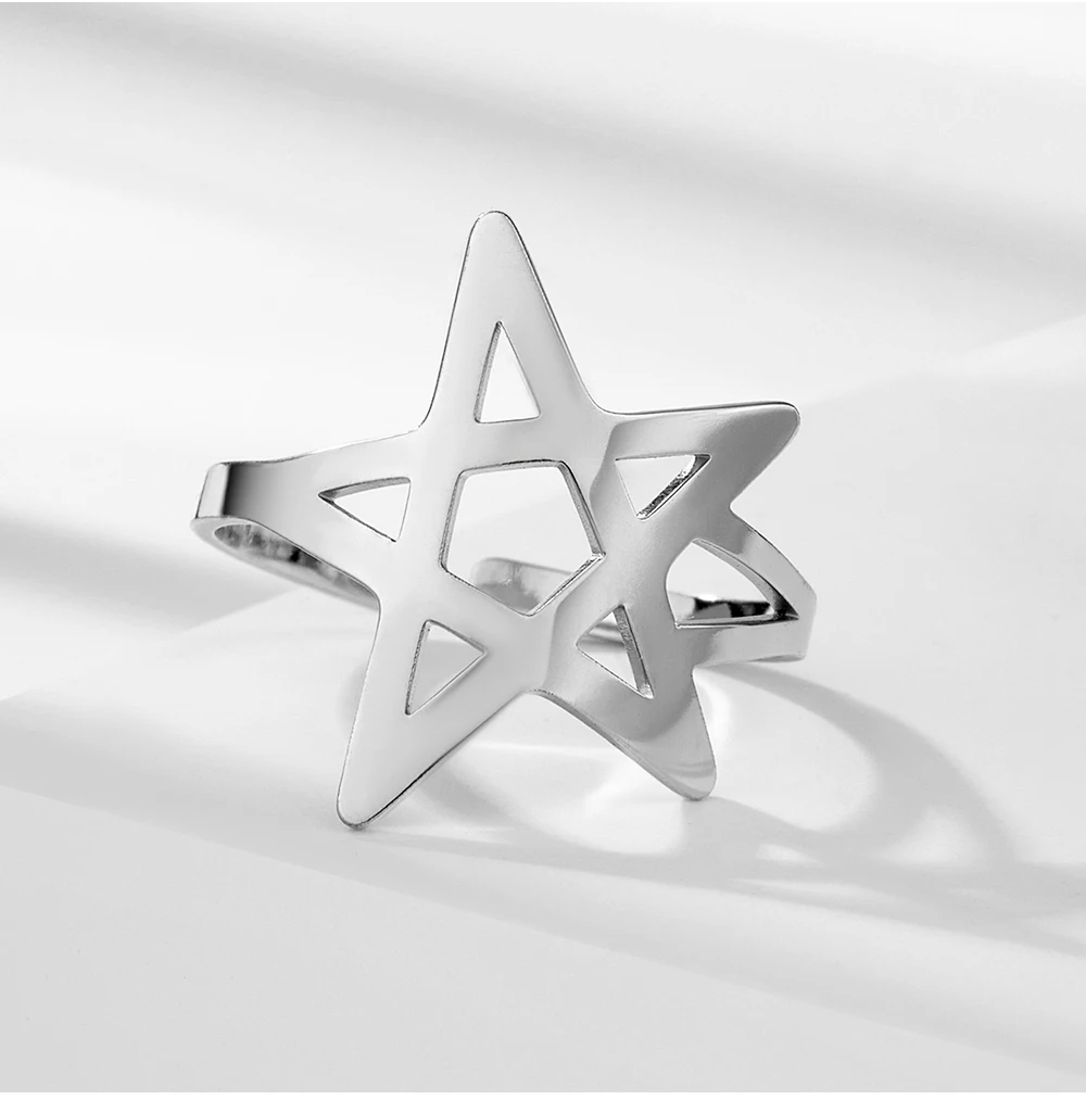 COOLTIME Hohle Pentagramm Verstellbare Ringe für Frauen Edelstahl Trend Stern Mond Ringe Schmuck Geschenk – Detail 9