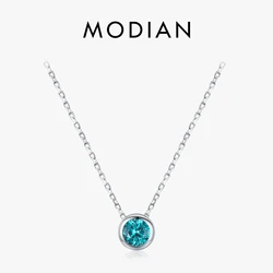MODIAN 925 Sterling Silver Teal Round Zirconia Pendant Necklace White Gold Plated Neck Link Chain For Women Party Jewelry Gift
