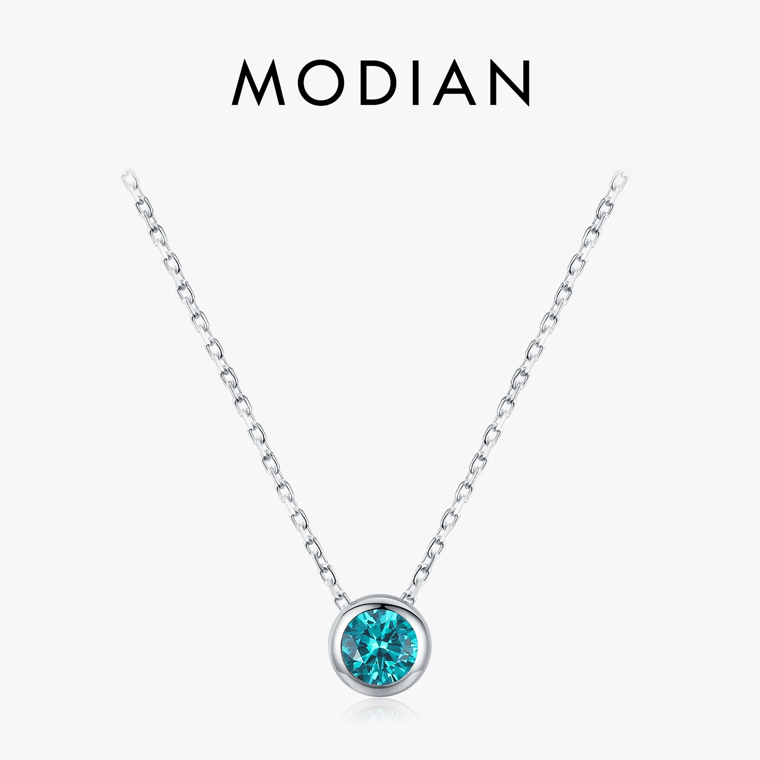 MODIAN 925 Sterling Silver Teal Round Zirconia Naszyjnik z białego złota Łańcuch na szyję dla kobiet Biżuteria imprezowa Prezent