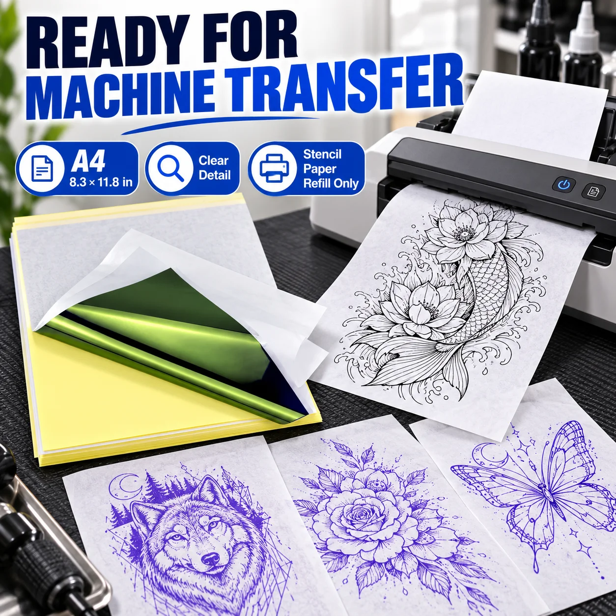 A4 Thermal Tattoo Transfer Paper Sheet Printable Compatible for Portable Thermal Printer Copier Body Art Tracing Tool