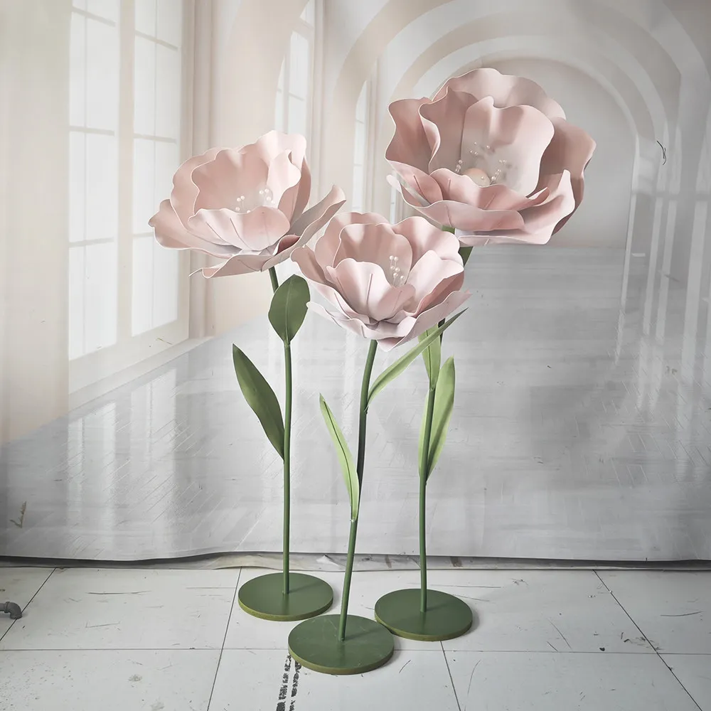 Giant Artificial Foam Flowers Poppy with Stand Outdoor Wedding Road Guide Flower Stand Party Backdrop Decor Stage Window Layout