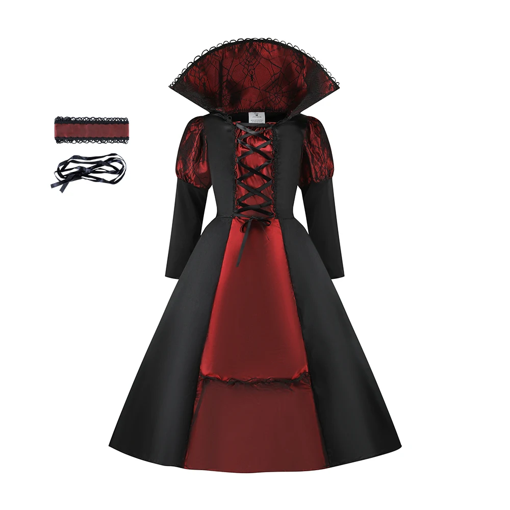 Girls Cosplay Costume Dress Kids Gothic Vampire Role Play Outfit Black Red Satin Dress for Halloween Dress Up Party