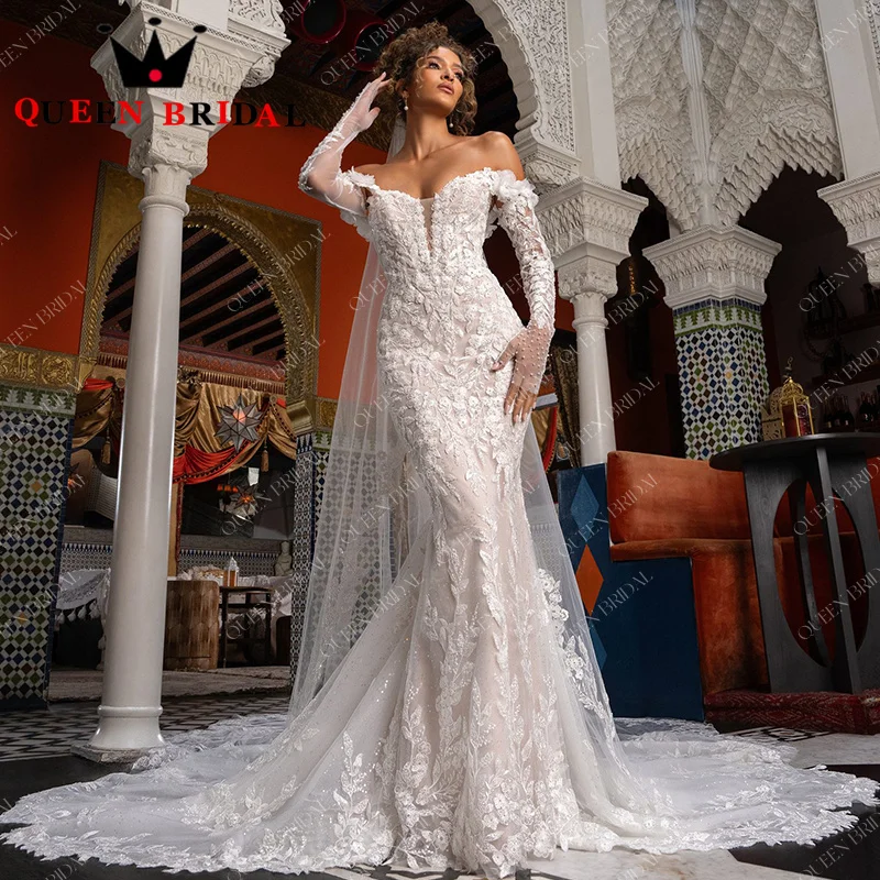 Exquisite Pearls Sequined Lace Wedding Dresses 2024 Mermaid Off Shoulder Long Sleeve Bridal Gowns Robe De Mariée Custom Y33X