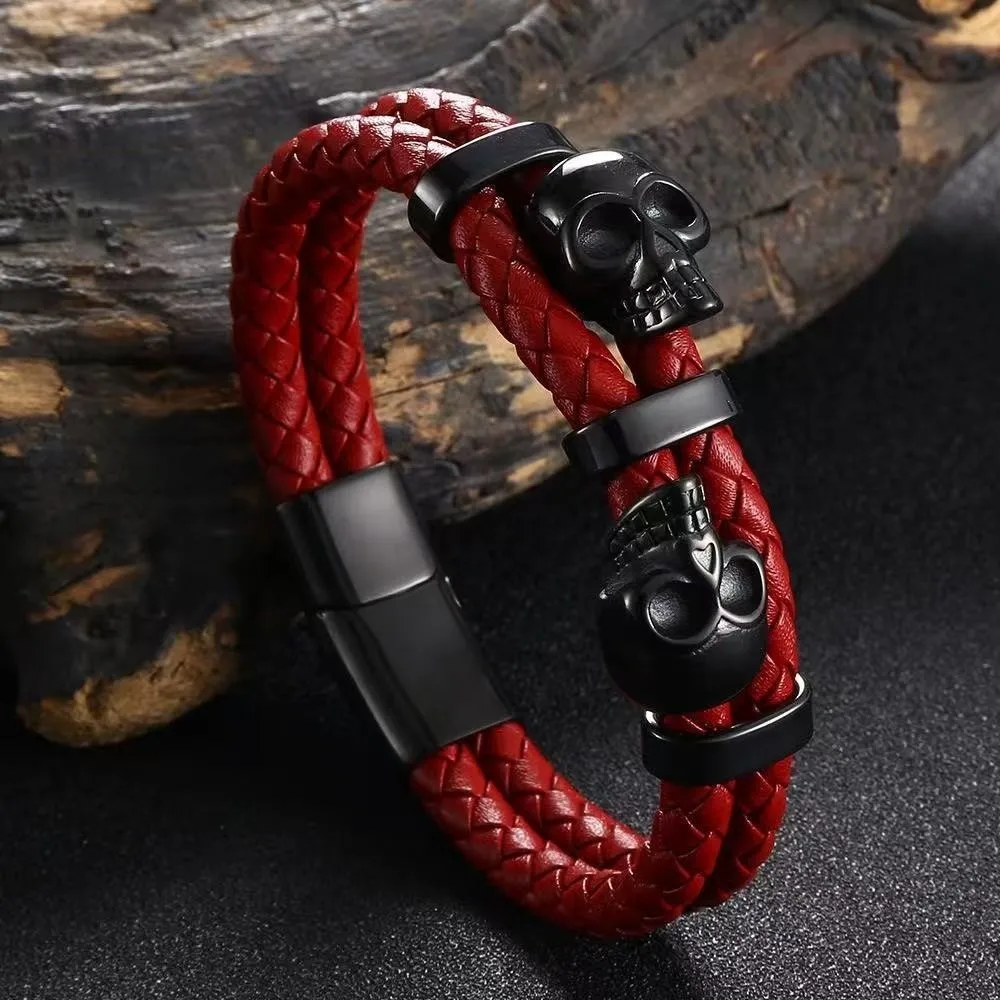 Multi-layer Leather Braided Bracelets Punk Style Unique Skull Wristband Delicate Comfortable Magnetic Hand Chain Gentleman