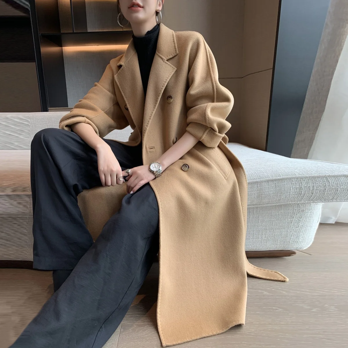 101801 Double sided Cashmere Coat Women's Medium and Long Style 2024 Autumn/Winter New Style 10 Cashmere High end Sheepskin Coat