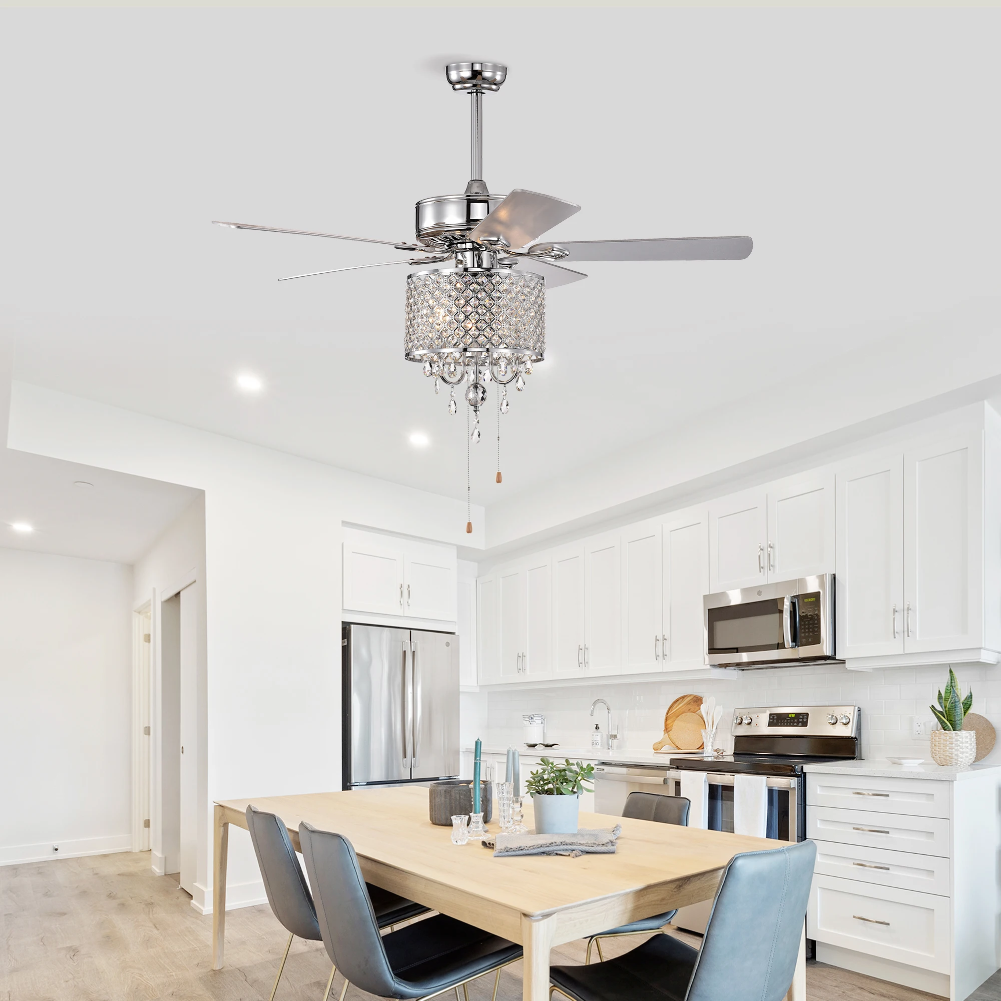 52'' Classical Crystal Ceiling Fan Lamp 3 Speed Hand Pull Chain (High, Mid, Low), 5 Reversible Blades for Living Room, Dining Ro