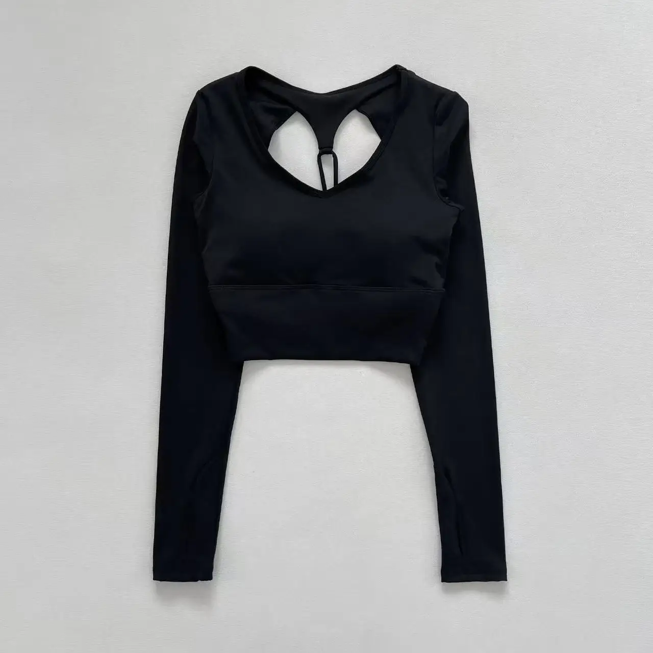 Sexy sem costas yoga wear feminino tripulação pescoço manga longa emagrecimento curto roupa de fitness com almofadas no peito camiseta de secagem rápida topo