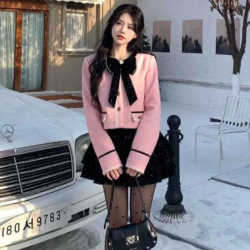 

Sweet Temperament Woolen Coat Sparkling Fluffy Skirt Two-piece Set Women Fashion Bow Splice Celebrity Korean Slim Winter Suit