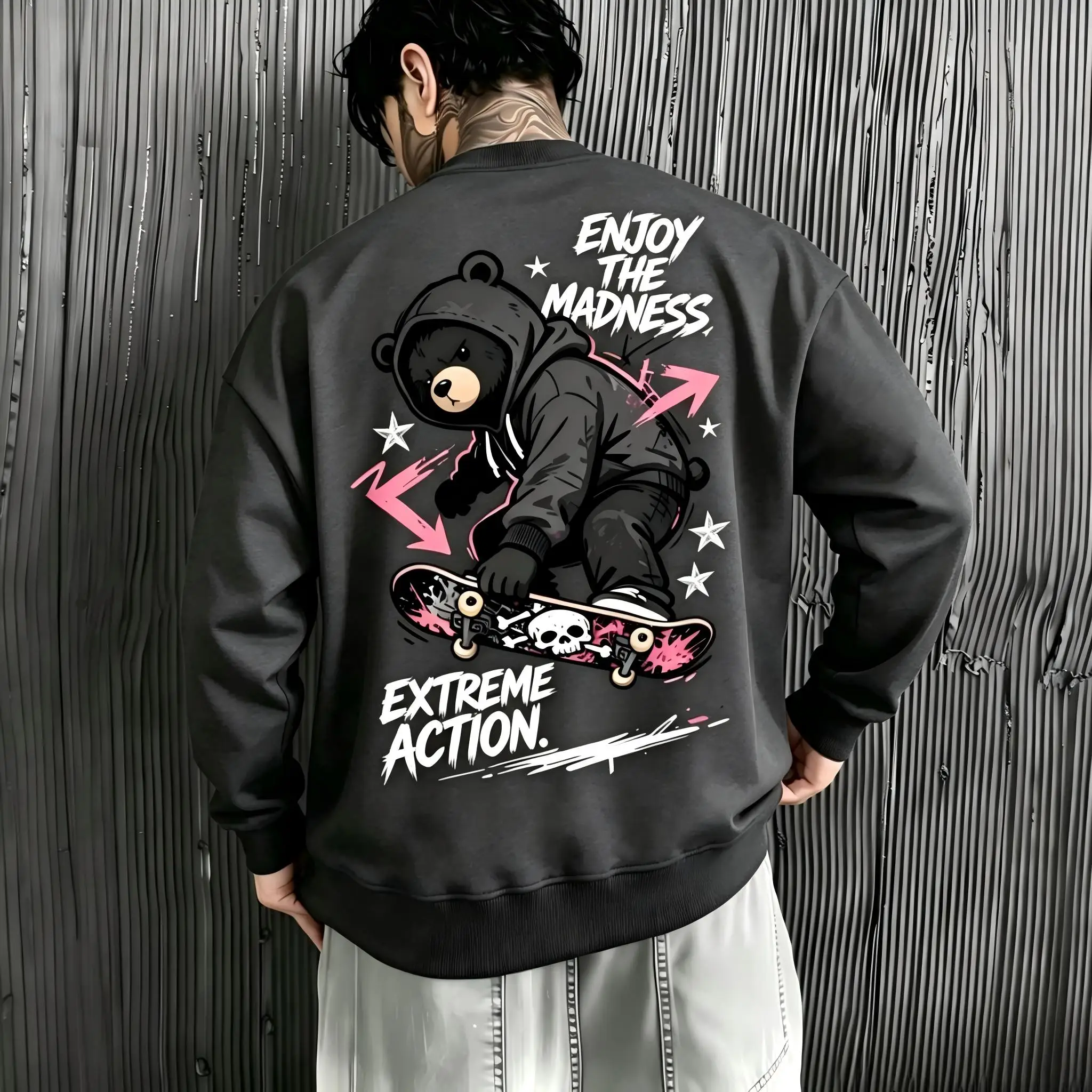 New men's autumn skateboarding teddy bear letter print soft and comfortable round neck long sleeved T-shirt outdoor street top