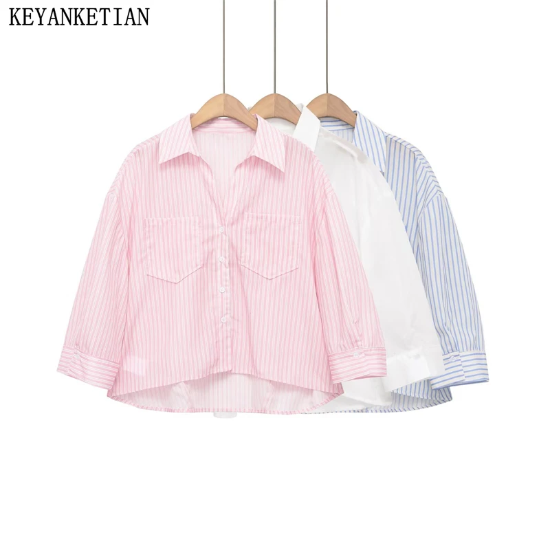 

KEYANKETIAN 2026 New Woman Casual Striped Cropped Shirt 3/4 Sleeve Turn-Down Collar Oversized Button Down Blouse Loose Top