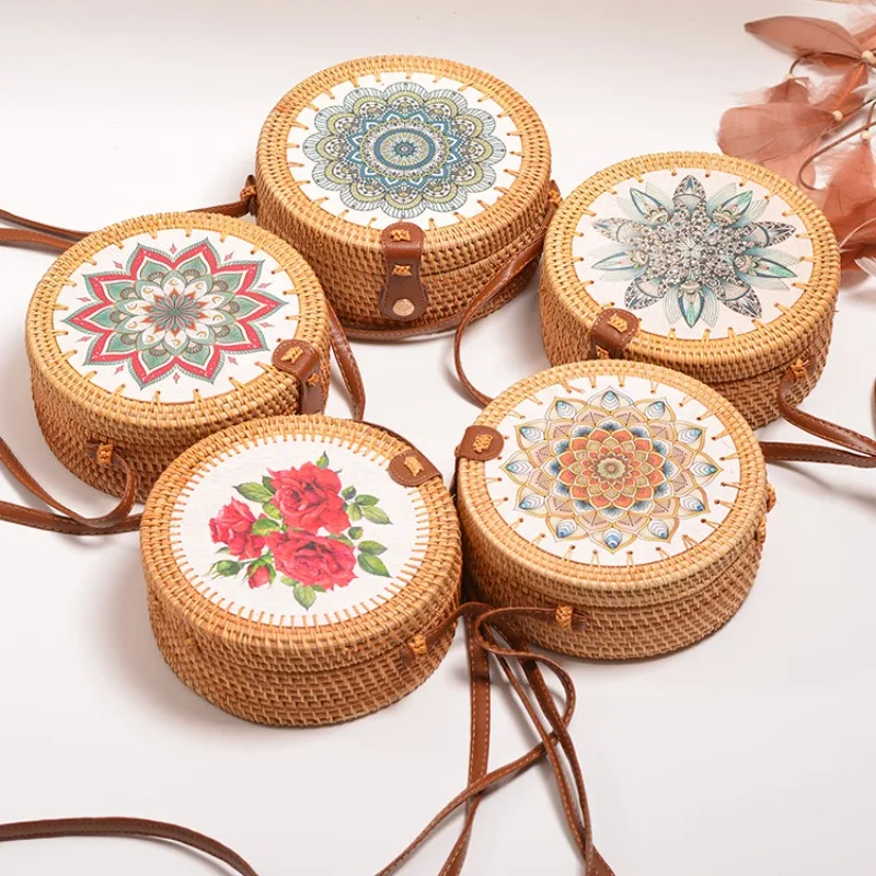 

Vintage Rattan Woven Bag Handmade Petal Bag PU Shoulder Strap Crossbody Bag