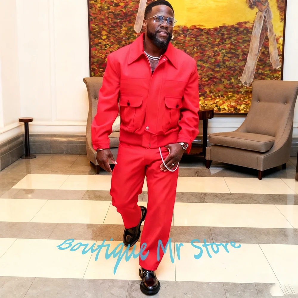 

Повседневные мужские красные костюмы-карго, комплект из двух предметов, уличная одежда, дизайн с карманами, модный пиджак с лацканами + брюки, одежда для банкета, вечеринок