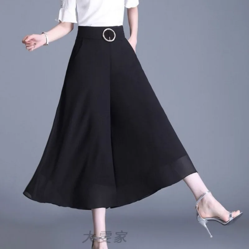 Chiffon Skirt Pants 2022 Summer New High Waist Culottes Large Casual Wide Leg Loose Draping Feeling Thin Women's Bell Bottoms