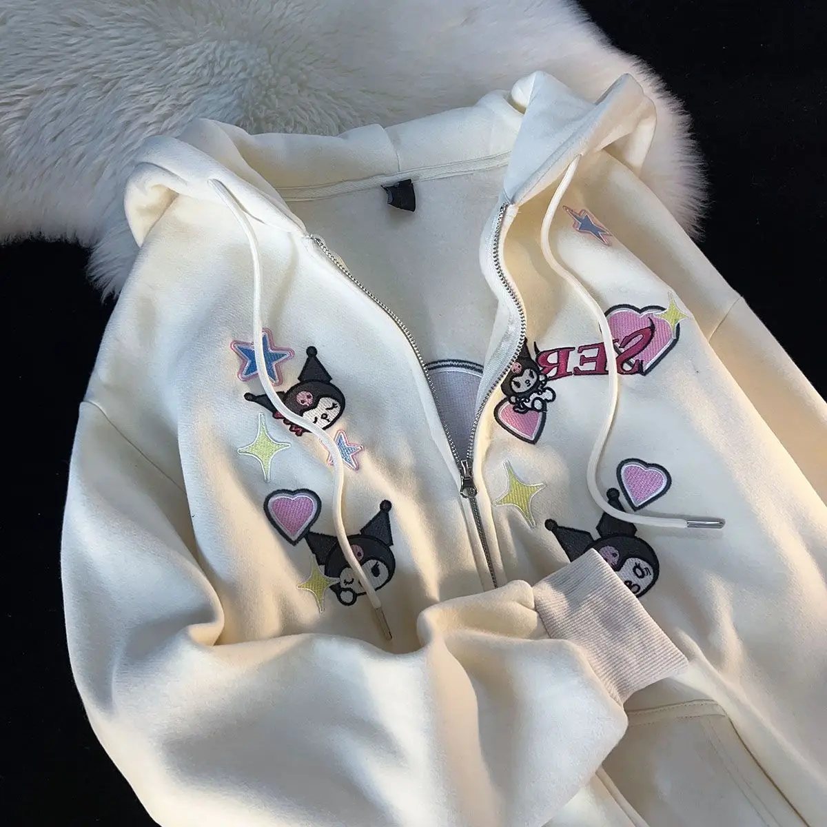 Sanrio Kuromi Love Hooded Sweatshirt for Women High-looking Fashionable Oversize Loose Zipper Cardigan Jacket Holiday Gift