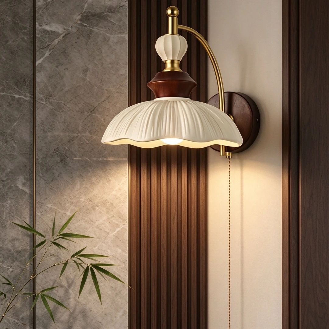 Vintage Cream Ceramic Wall Light Wavy Pleated Shade Wood Gold Arm Pull Chain Wall Sconce For Living Room Entryway Decor