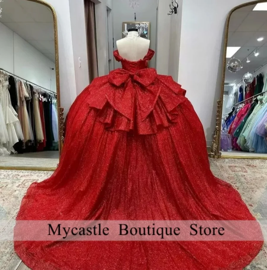 Robes De Quinceanera rouge scintillantes 2025 personnalisé brillant perlé arc au dos doux 16 robe robe De fête d'anniversaire robes De 15