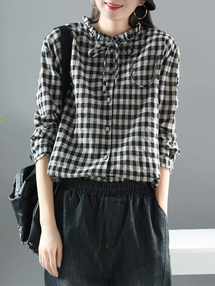 

Женский топ из хлопка и льна в стиле ретро с длинным светом в клетку, свободный крой и пуговицами, весенний тренд Faion