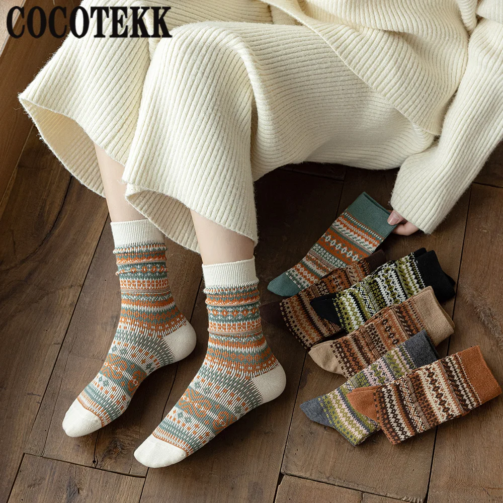 

Winter Knitted Combed Cotton Women's Socks Fashion Street Trend Retro Style Comfortable Warm Home Floor Socks Daily Versatile