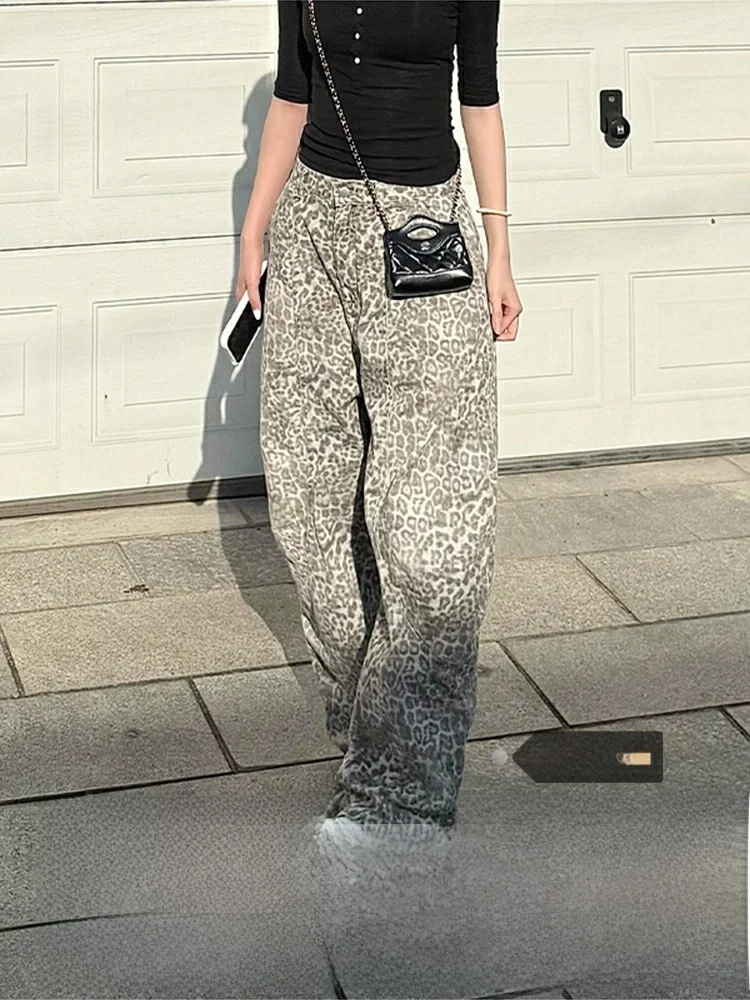 

Ретро Thiened, американские свободные джинсы с леопардовым принтом, женские осенне-зимние широкие длинные брюки с высокой талией, модные