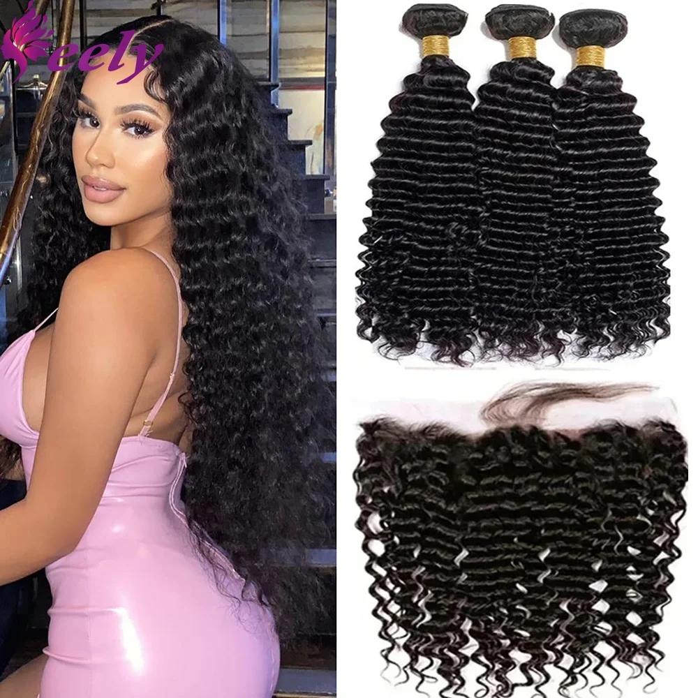 Lace 13x4 Frontal Human Hair Bundles With Closure Deep Wave 3 Bundles 100% Human Hair Extensions 24 Inches Natural Black Color